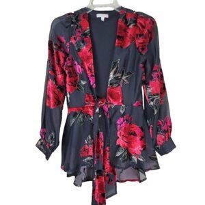 Gianni Bini Sheer Floral Velvet Wrap Blouse Black Red Open Front Tie S
